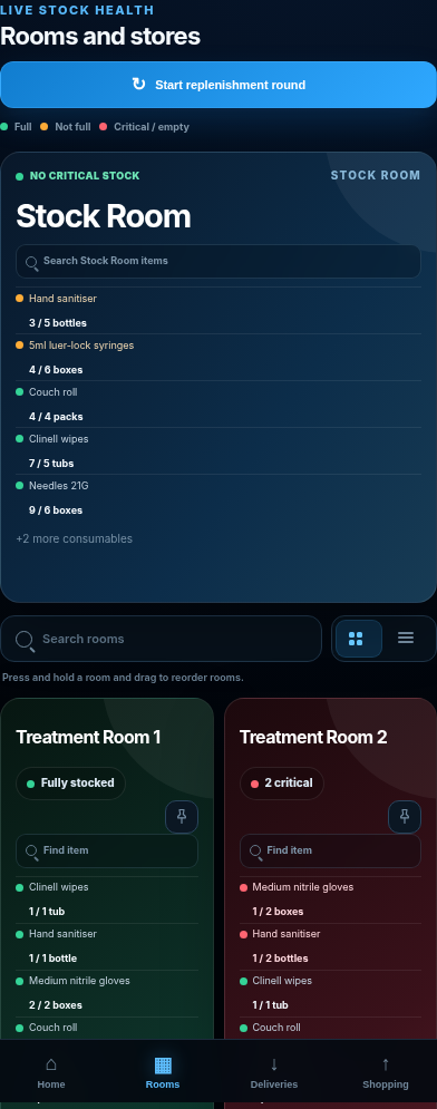 DBX ONE STOCKROOM rooms and stores view on a phone