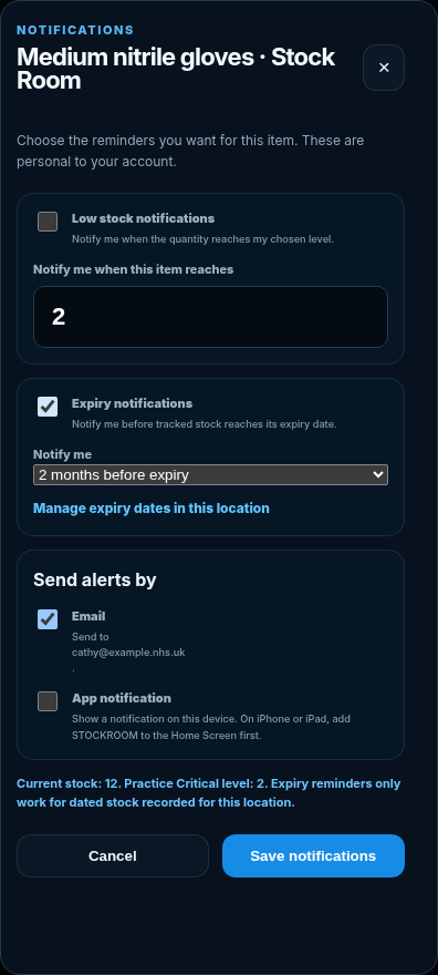 DBX ONE STOCKROOM expiry notification settings on a phone