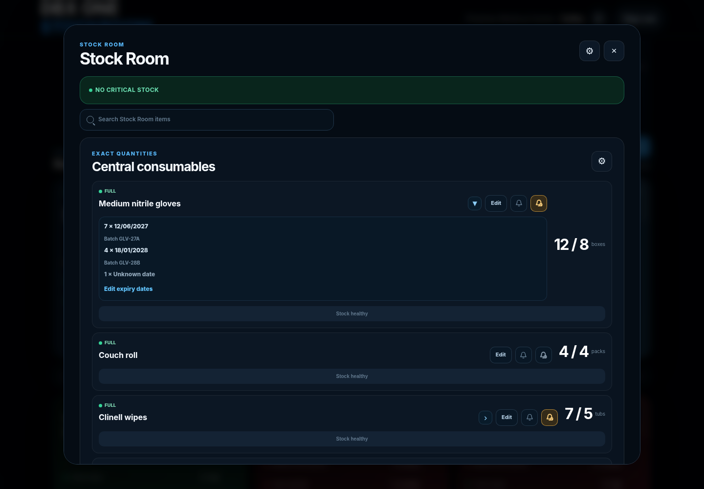 DBX ONE STOCKROOM central stock view showing exact quantities and expiry lots