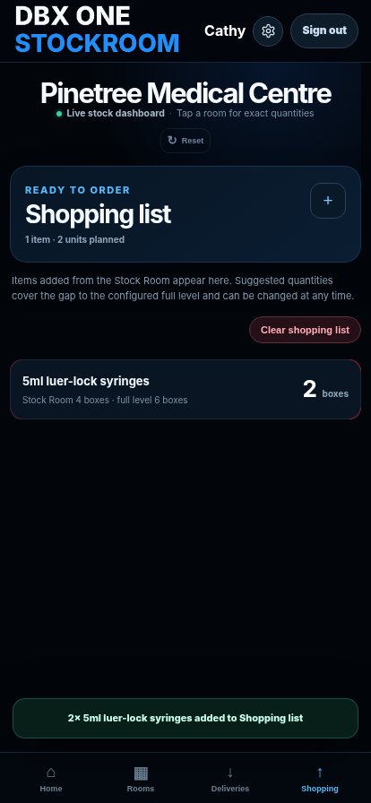 DBX ONE STOCKROOM mobile shopping list showing a practice-level stock shortage and suggested order quantity